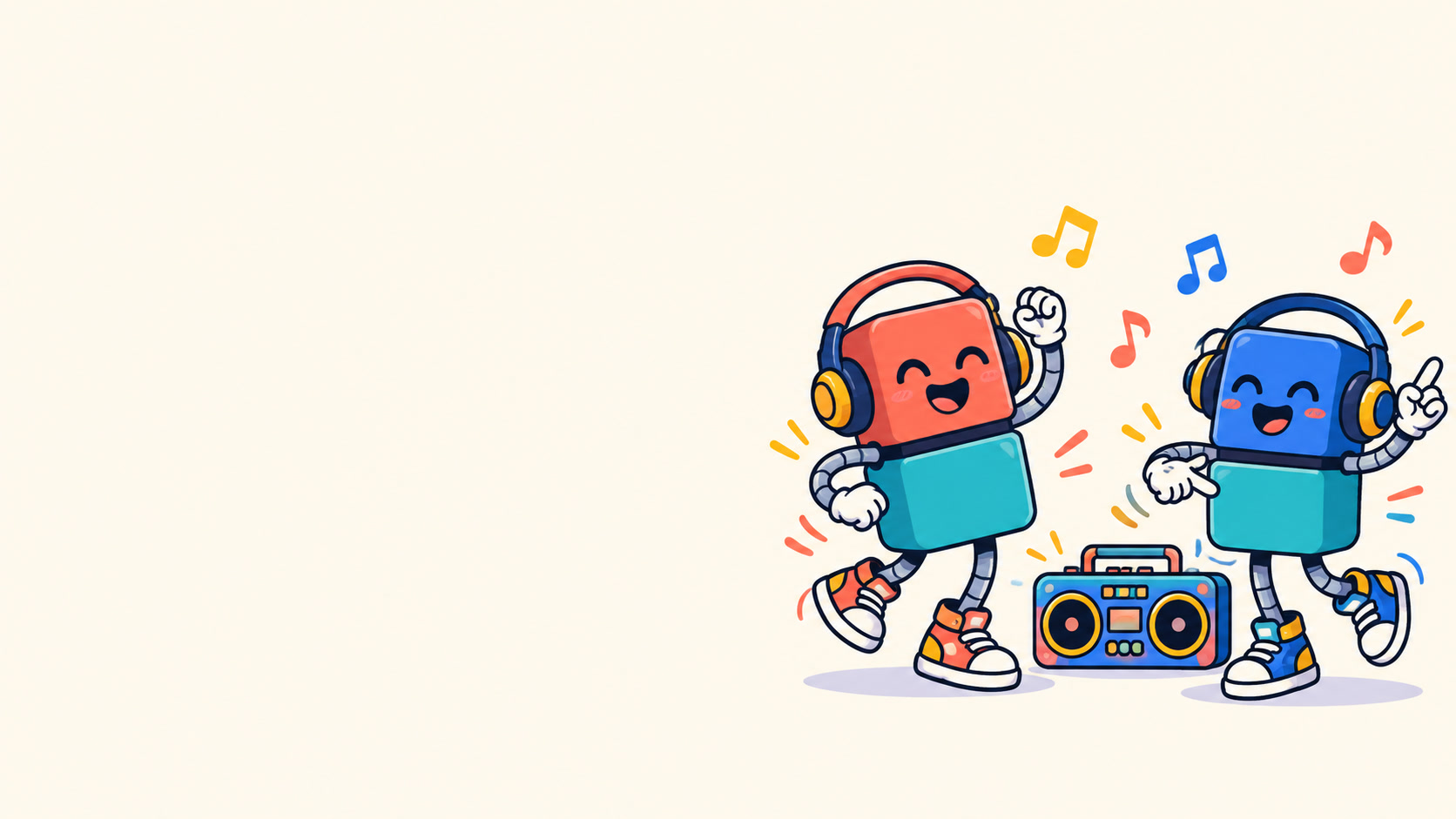 Two cheerful robots wearing headphones and dancing beside a music player